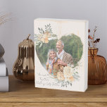 Floral Frame Gold Heart Shaped Romantic Photo Wooden Box Sign<br><div class="desc">Custom Photo block displaying your favourite photo in a geometric heart shaped gold frame. The frame is decorated with watercolor bouquets of cream and apricot flowers. It is lettered with the wording "You and Me Together Nothing Gets Better" in elegant casual, handwritten script on a neutral, almond white background, all...</div>