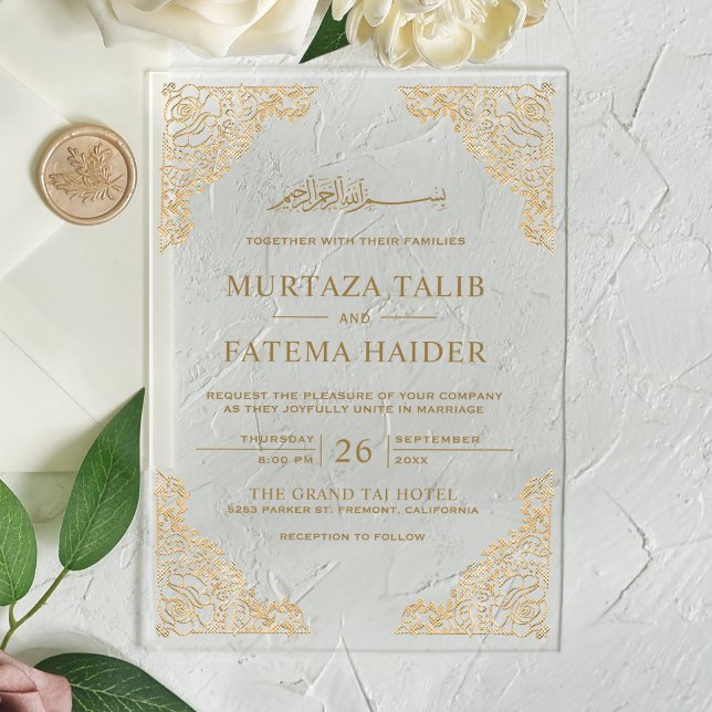 Floral Frame Gold Islamic Muslim Wedding Acrylic Invitations (Creator Uploaded)
