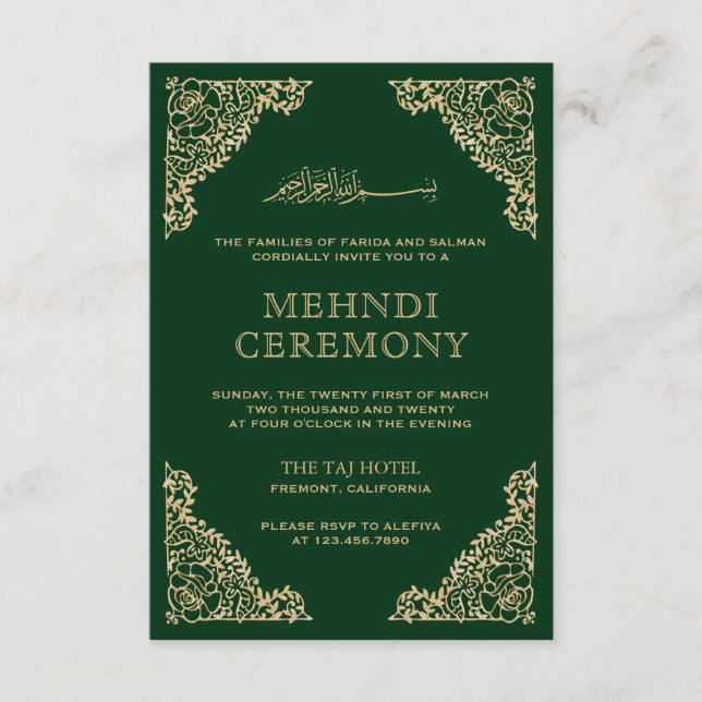 Floral Frame Green and Gold Islamic Muslim Mehndi Enclosure Card (Front)