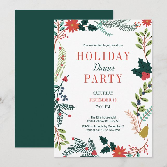 Floral Frame Holiday Dinner Party Invitation (Front/Back)