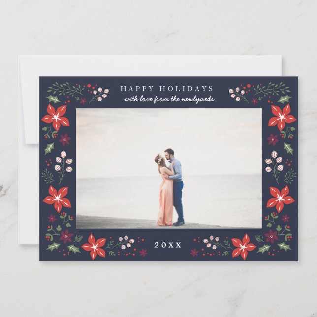 Floral Frame Holiday Photo Card in Navy (Front)