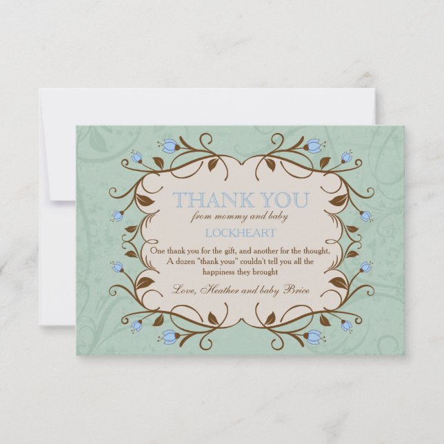 Floral Frame in Blue Thank You Card (Front)