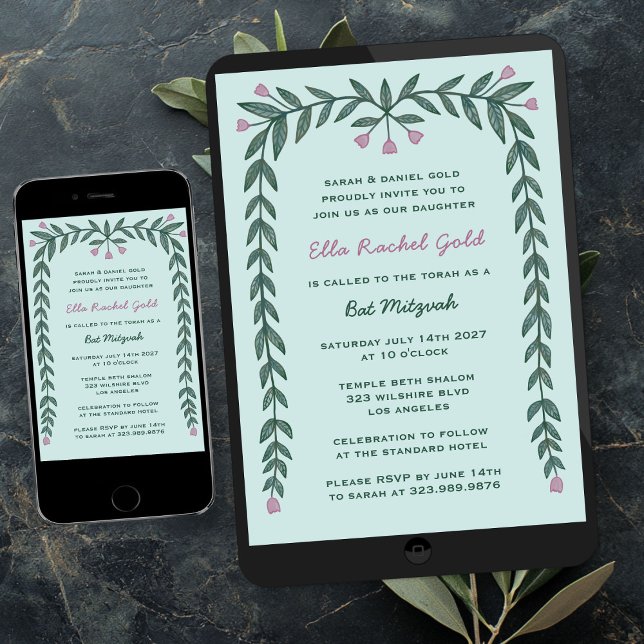 Floral Frame Modern Custom Bar Bat Mitzvah Girl Invitation (Floral Frame Modern Custom Bar Bat Mitzvah Girl Invitation
Digital evite)