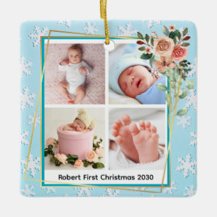 Floral Frame New Baby boy Personalised 4 Photo  Ceramic Ornament