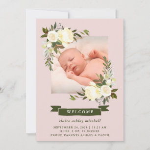 Floral Frame   Photo Baby Birth Announcement