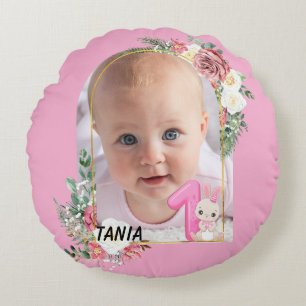  Floral Frame Pink Baby girl First christmas Round Cushion