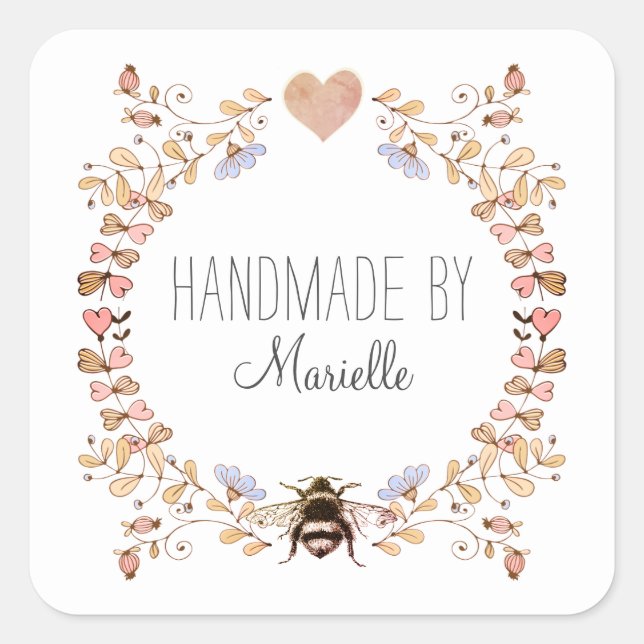 Floral Frame Pink Handmade Personalised Square Sticker (Front)