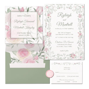 Floral Frame Pink Roses and Greenery Romantic Invitation