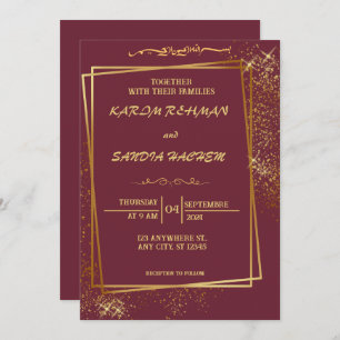 Floral Frame Plum and Gold Islamic Muslim Wedding  Invitation