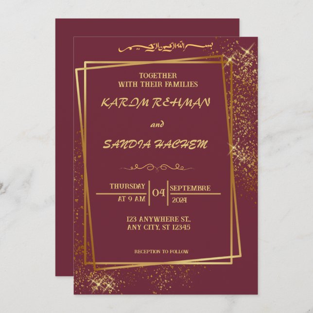 Floral Frame Plum and Gold Islamic Muslim Wedding  Invitation (Front/Back)