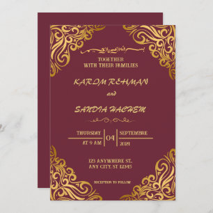 Floral Frame Plum and Gold Islamic Muslim Wedding  Invitation