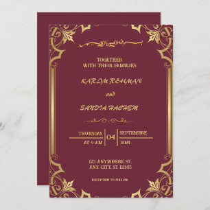 Floral Frame Plum and Gold Islamic Muslim Wedding  Invitation