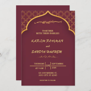 Floral Frame Plum and Gold Islamic Muslim Wedding  Invitation