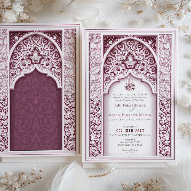 Floral Frame Plum Islamic Muslim Wedding Invitation (Creator Uploaded)