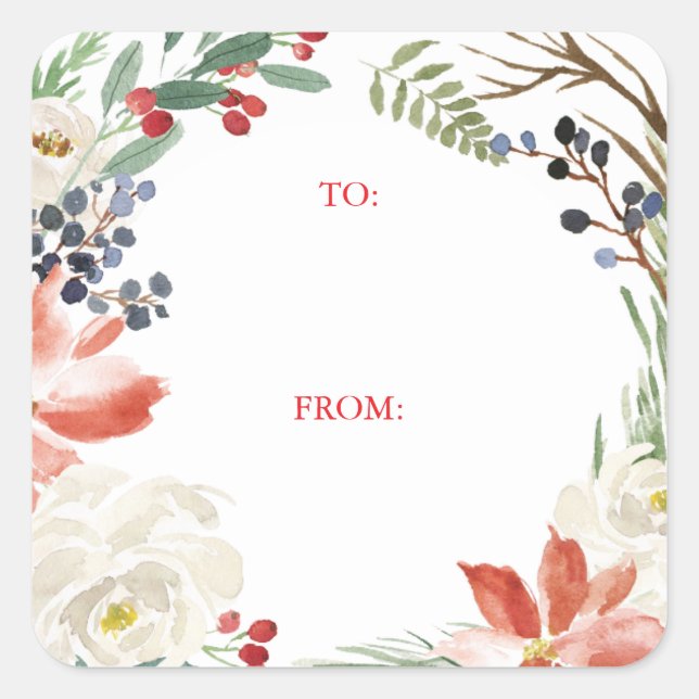 Floral Frame Poinsettia Gift Tag Sticker (Front)