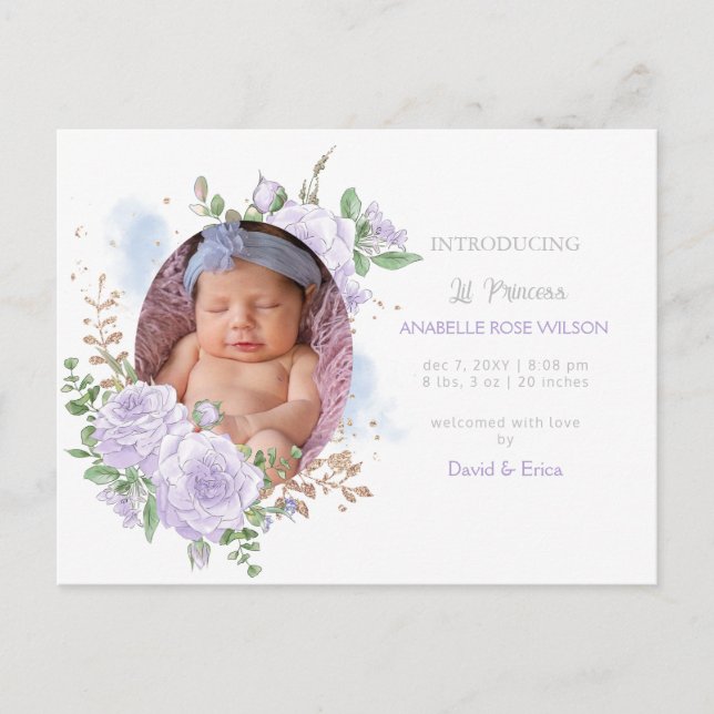 Floral frame Purple Girl Photo Birth Announcement Postcard (Front)