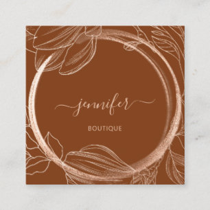 Floral Frame QR Code Logo Brown Rose Gold Copper Square Business Card