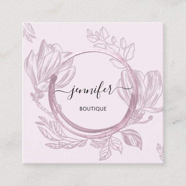 Floral Frame QR Code Logo Garden Rose Pink Square Business Card (Front)