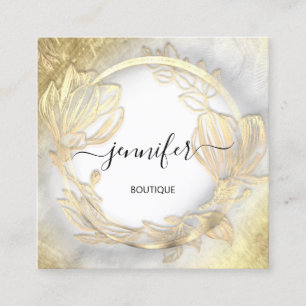 Floral Frame QR Code Logo Gold Gray  Shop  Square Business Card