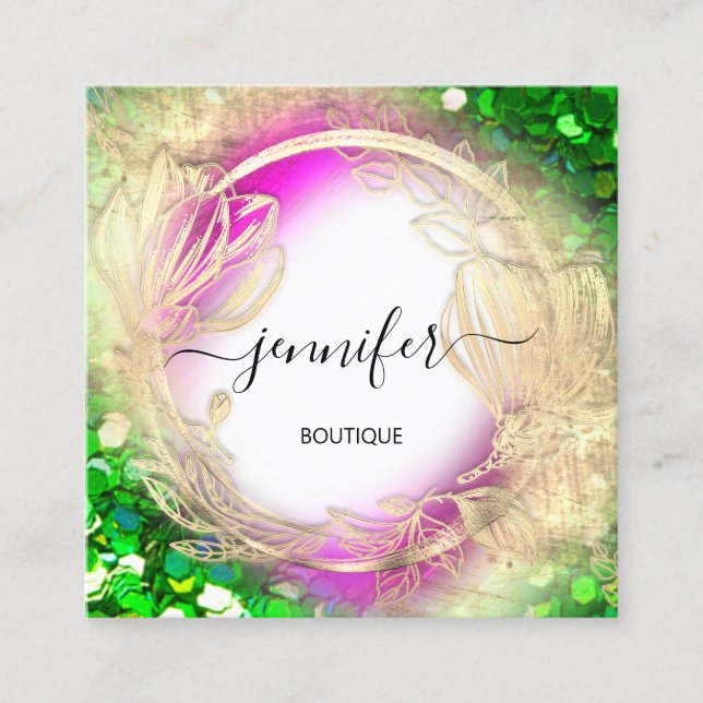 Floral Frame QR Code Logo Gold Green Pink Square Business Card (Front)