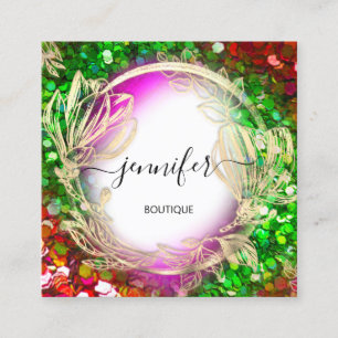Floral Frame QR Code Logo Gold Green Red Confetti Square Business Card