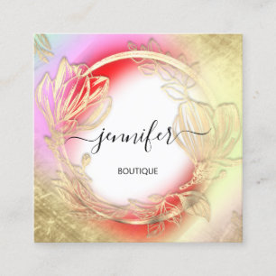 Floral Frame QR Code Logo Gold Red Abstract Square Business Card