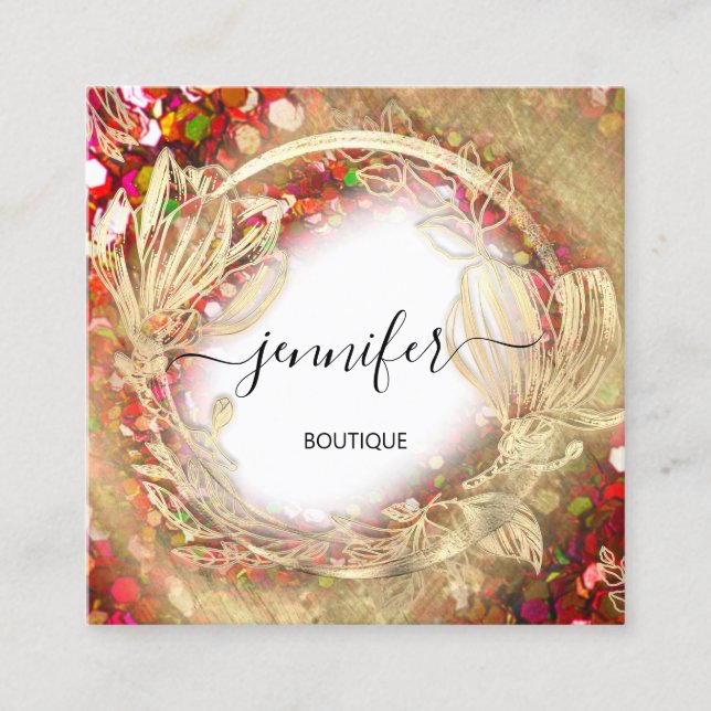 Floral Frame QR Code Logo Gold Red Confetti  Square Business Card (Front)