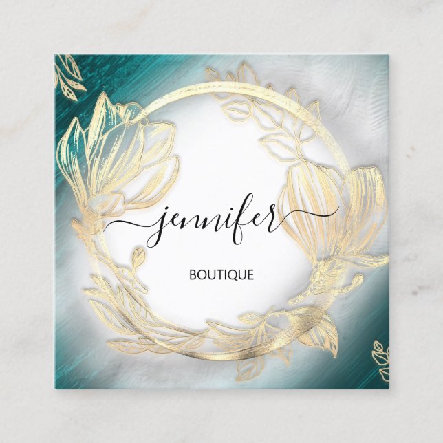 Floral Frame QR Code Logo Gold Teal Grey  Square Business Card (Front)