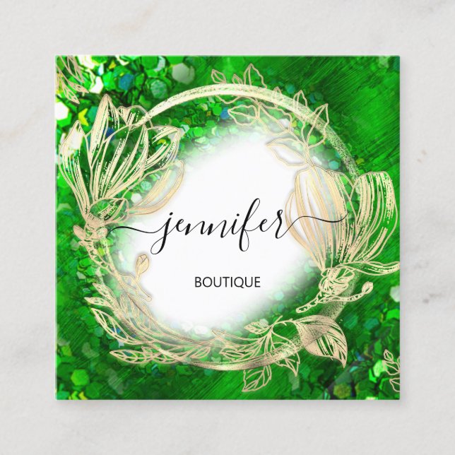 Floral Frame QR Code Logo Gold Tropical Green Square Business Card (Front)