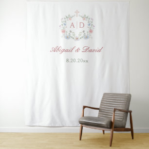Floral Frame Religious Wedding Monograms Backdrop Tapestry