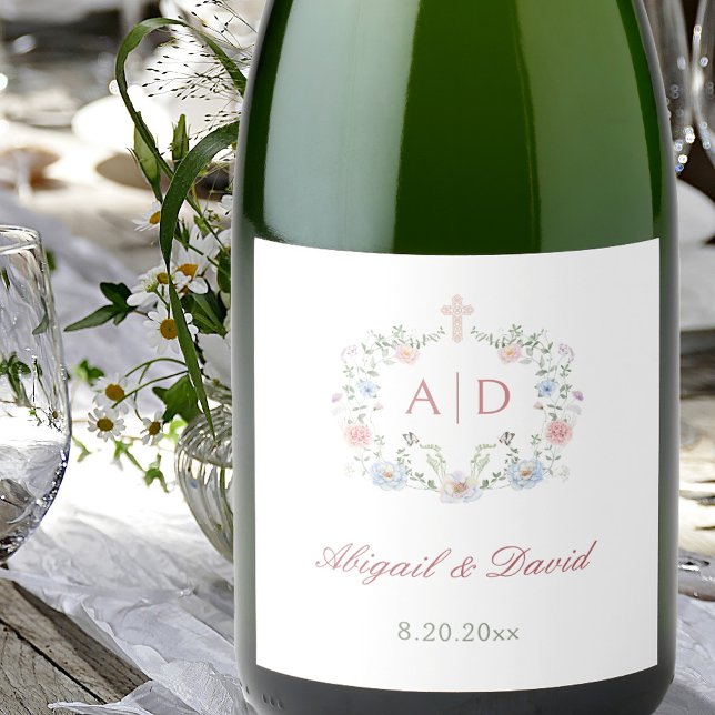 Floral Frame Religious Wedding Monograms Sparkling Wine Label (Creator Uploaded)