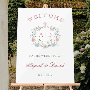 Floral Frame Religious Wedding Monograms Welcome Acrylic Sign