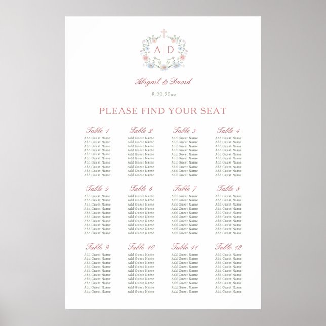 Floral Frame Religious Wedding Seating Chart (Front)