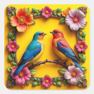 🐦 Floral Frame Songbirds Colourful Nature Art 🐦 Square Sticker