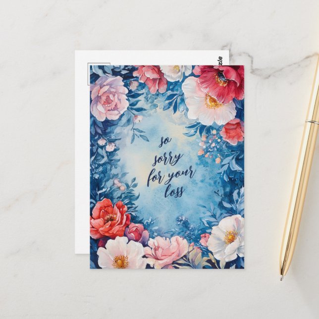 Floral Frame SORRY FOR LOSS CUSTOM Condolences Postcard (Front/Back In Situ)