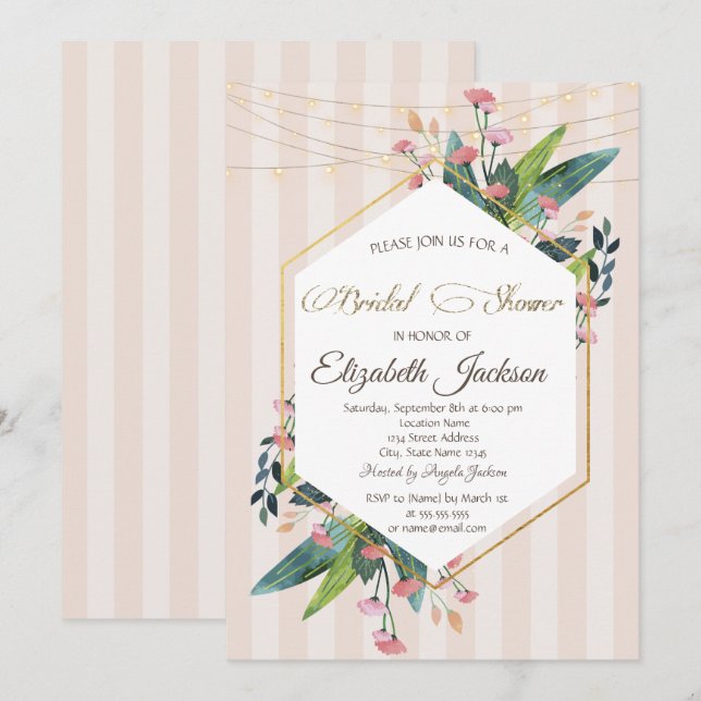 Floral Frame Striped Bridal Shower Invitation (Front/Back)