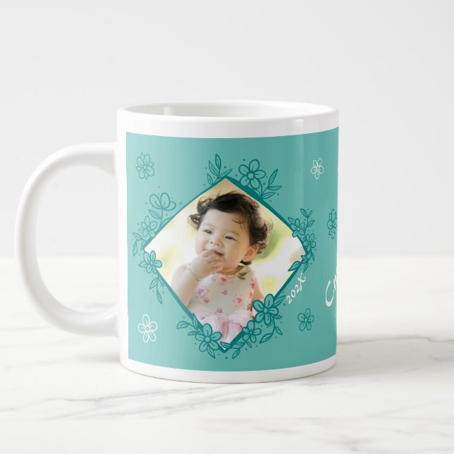 Floral Frame Teal & White Custom Photo Gift Mug (Left)