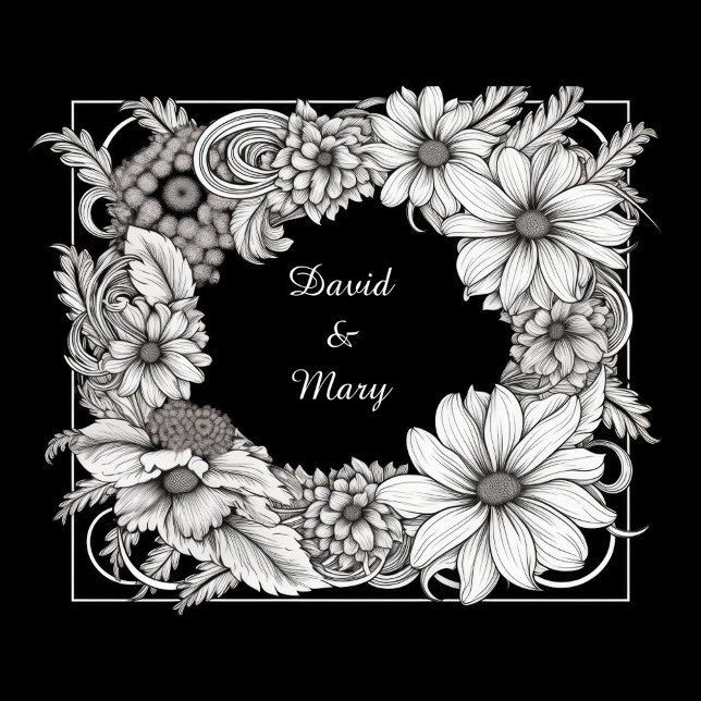 Floral Frame Throw Pillow (A black and white illustration features a floral frame surrounding the names "David & Mary.)
