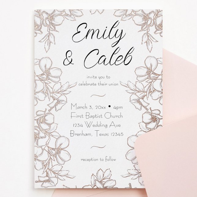 Floral Frame Wedding Rose Gold Foil Invitation (Rose gold flower frame line art wedding invitation with script writing. Perfect for spring wedding)