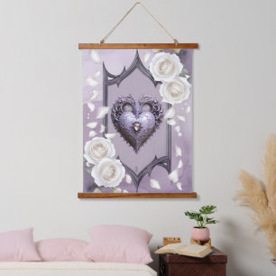Floral frame with a heart and white roses hanging tapestry