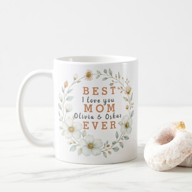 Floral Frame with I Love You & Children's Names -  Coffee Mug (With Donut)