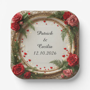 Floral Frame with Red and Pink Roses Paper Plate