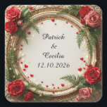 Floral Frame with Red and Pink Roses Square Sticker<br><div class="desc">A decorative circular floral frame adorned with vibrant red and pink roses,  green leaves,  and tiny hearts. Represents romance and elegance,  suitable for festive occasions or romantic invitations.</div>