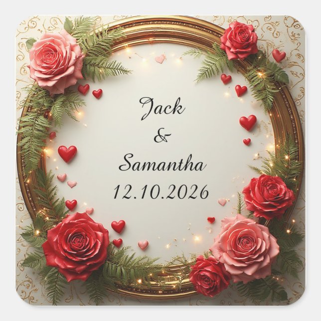 Floral Frame with Red and Pink Roses Square Sticker (Front)