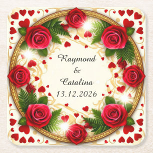 Floral Frame with Red Roses Square Paper Coaster