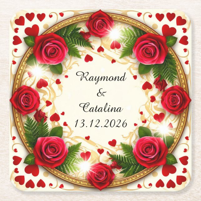 Floral Frame with Red Roses Square Paper Coaster (Front)