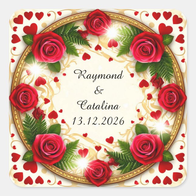 Floral Frame with Red Roses Square Sticker (Front)