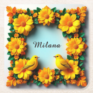 Floral Frame with Yellow Birds Square Paper Coaster
