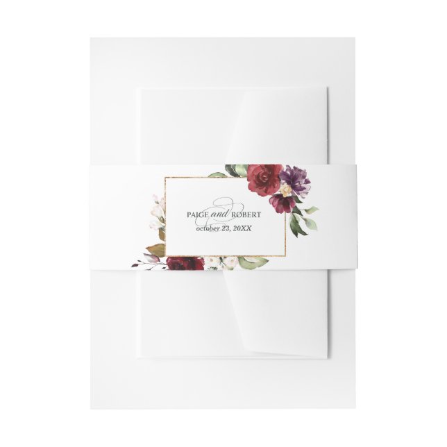 Floral Framed Burgundy, Pink, and Eggplant Invitation Belly Band (Front Example)