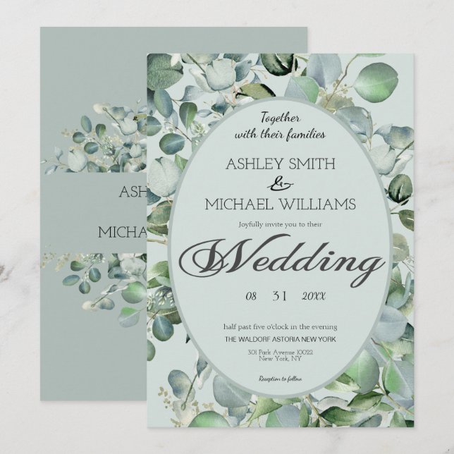 Floral Framed Eucalyptus Greenery Wedding Invitation (Front/Back)